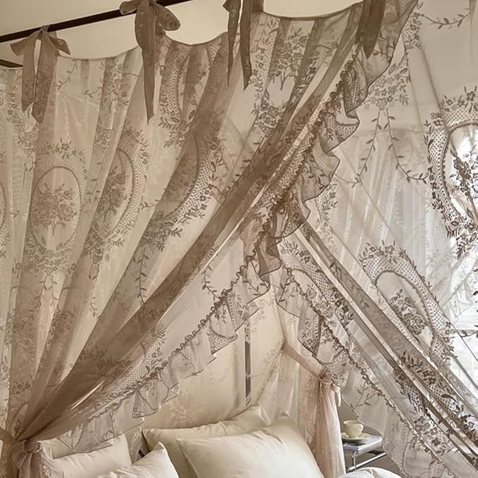 Elegant Lace Princess 4 Corner Post Mosquito Net Romantic for Girls Women Bed Curtain Canopy for Adult Wedding Bedroom Kids Rooms Decoration (Color-C, California King)