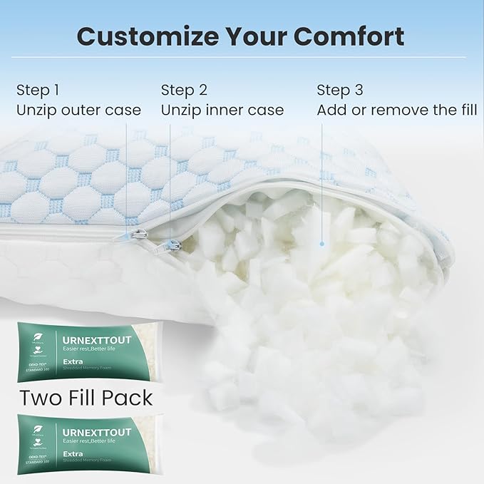 Shredded Memory Foam Pillows Pillow for Side Sleepers Cooling Pillows Stomach Sleeping Pillow Standard Pillow with 2 Extra Fill Blue