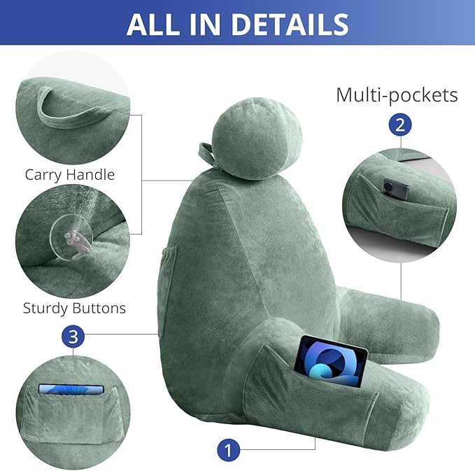 Sasttie Reading Pillow for Sitting in Bed Adult, Extra Large Back Pillow for Bed, Backrest Pillow with Detachable Head Support Cushion, College Dorm Essentials for Girls and Boys, Sage