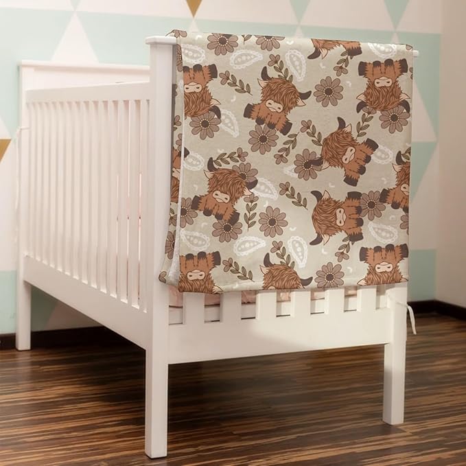 Boho Highland Cow Paisley Floral Baby Blanket Girls Gift, Beige Western Cowgirl Flower Flannel Fleece Nursery Bed Blankets, Soft Lightweight Newborn Infant Toddler Kids Crib Bedding 60 x 80