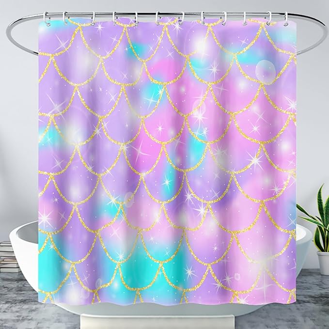 AILONEN Mermaid Scale Shower Curtain,Purple Mermaid Scale Bath Curtain for Girls Bathroom,Polyester Waterproof for Shower with 12 Plastic Hooks 60" W*72" H