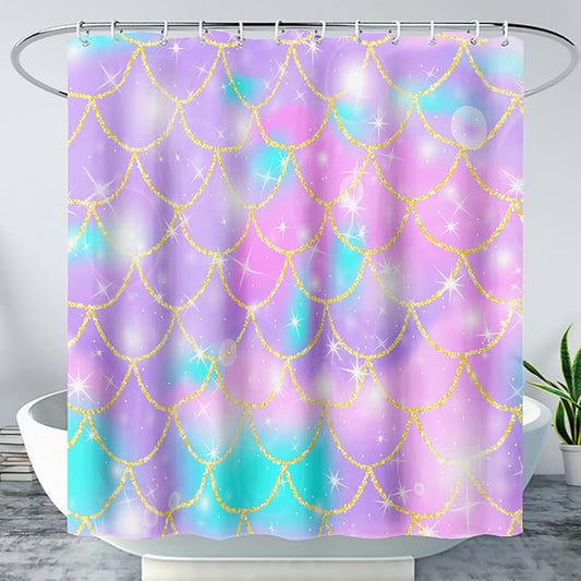 AILONEN Mermaid Scale Shower Curtain,Purple Mermaid Scale Bath Curtain for Girls Bathroom,Polyester Waterproof for Shower with 12 Plastic Hooks 72" W*84" H