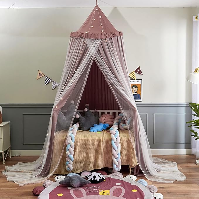 VETHIN Bed Canopy for Kids with Lights,Double Layer Princess Round Dome Children Dreamy Mosquito Net Bedding Girls Room Castle Play Tent Hanging House Decor Reading Nook Canopies(Jujube Red/White)