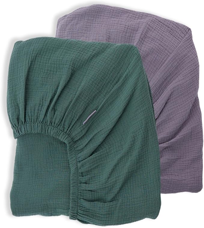 Muslin Fitted Crib Sheets for Baby Neutral Fit Standard Crib Toddler Mattress(28"x 52") 100% Organic Cotton Sheets Soft and Breathable Boho Bedding (Bottle Green&Neutral Gray)