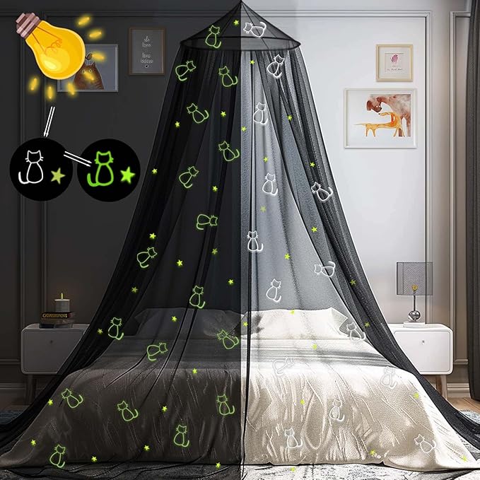 Daksha Black Princess Bed Canopy for Girls with Glowing Stars and Cats, Ceiling Tent for Kids Room Decor, Fits Twin, Full and Queen Size Beds
