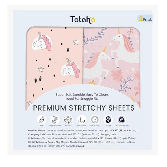 TotAha Premium Soft Unicorn Bassinet Sheet for Girl, Super Stretchy Jersey Knit Bassinet Fitted Sheet, Compatible with Halo, Maxi COSI, Mika Micky, SNOO, Baby Delight Mattress, 2 Pack