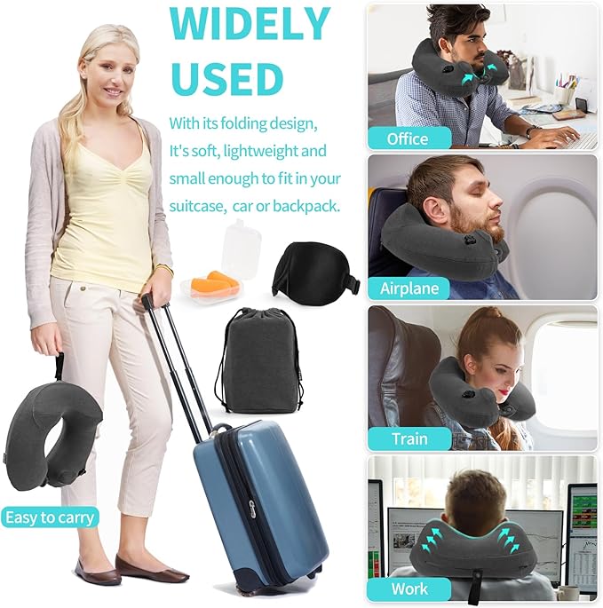 Inflatable Travel Neck Pillow for Airplane, 360° Head Support Velvet Adult Neck Pillow for Long Flight, Removable Washable Cover, Kit with Eye Masks, Earplugs & Storage Bag, Grey
