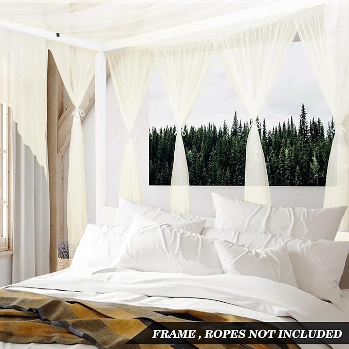 South to East Beige Canopy Bed Curtains, 4 Corner Post Bed Canopy, Top Elegant Bed Drapes for Bedroom Decor, 75D Polyester Mesh, Easy Install, Bed Curtain for King/Queen/Full Size