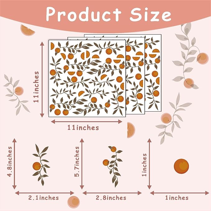 Orange Leaf Wall Stickers Boho Fruit Leaf Wall Stickers Removable Botanical Vintage Fruit Wall Decals Citrus Green Leaves Orange Wall Stickers for Nursery Kids Room Bedroom Kitchen Decor