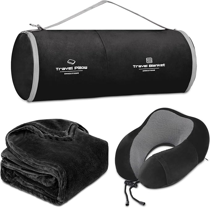 Travel Pillow and Blanket Set Neck Pillow Airplane Memory Foam for Traveling Compact with Bag Black