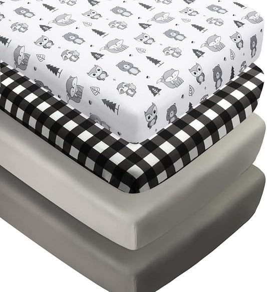 4 Pack Woodland Forest Animals Wood Neutral Unisex Fitted Baby Crib Sheets Set for Baby Boys or Girls Black and White