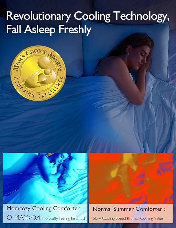 Momcozy Life CoolMurm Cooling Comforter for Hot Sleepers, Full/Queen 90"x90" Pregnancy Cooling Blanket, All-Season Lightweight Soft Breathable Cooling Quilt Duvet, Stay Cool All Night, Deep Light Blue