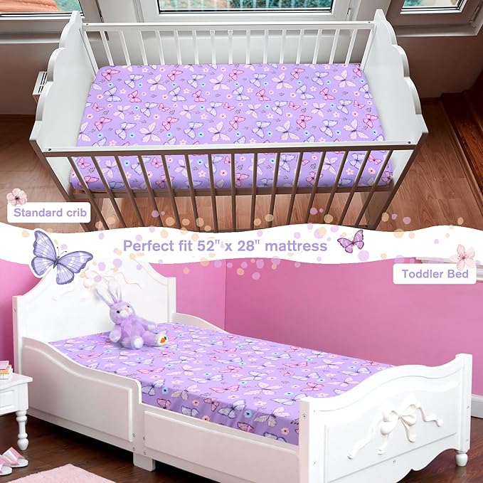 JISEN Baby Crib Sheets Soft Breathable Butterfly Fitted Crib Sheets Baby Sheet for Standard Crib and Toddler Mattress Baby Bed Sheets for Crib for Baby Boys Girls Neutral 52x28 Inch