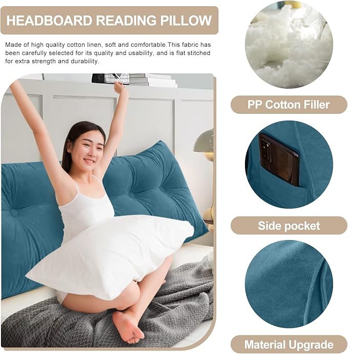 Large Triangular Headboard Pillows Long Backrest Positioning Support Bolster Cushion for Daybed Fluffy Quality Plush Body Wedge Pillow with Removable Cover(Dark blue-Queen-59x8x20in)