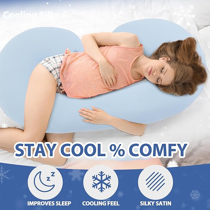 Cooling Pregnancy Pillow Cover (ONLY Pillowcase), Q-Max 0.4 C Shaped Luxurious Smooth Maternity Pillow Cover with Hidden Zip, Cool Large Pillow Protector for Side Hot Sleeper, Blue, 60x34 in