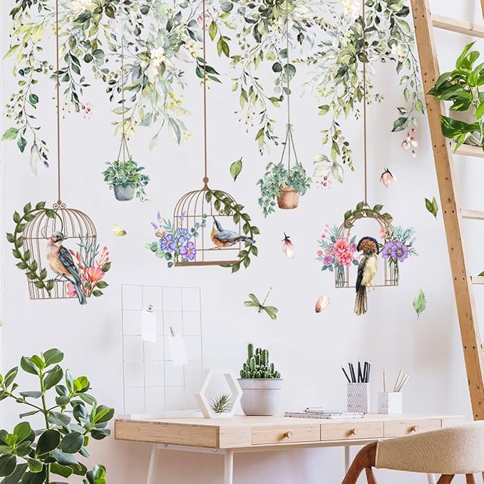 Vine Bird Wall Decals Green Plant Birdcage Wall Stickers Birds and Hanging Birdcage Wall Decor for Kids Girls Baby Boys Bedroom Living Room Bathroom Playroom Classroom Nursery Decoration