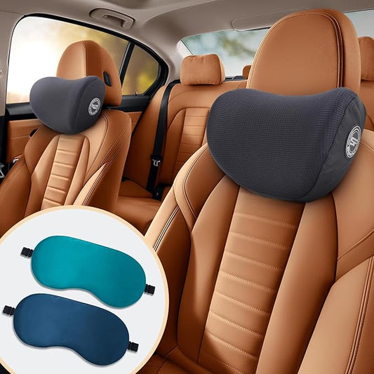 SPRFUFLY 2 Pack Car Headrest Pillow, Extra Soft Car Pillow, 100% Memory Foam Car Neck Pillow for Driving - Universal Fit Travel Car Rest Pillow for Pain Relief While Driving(Comes with 2 Eye Masks)