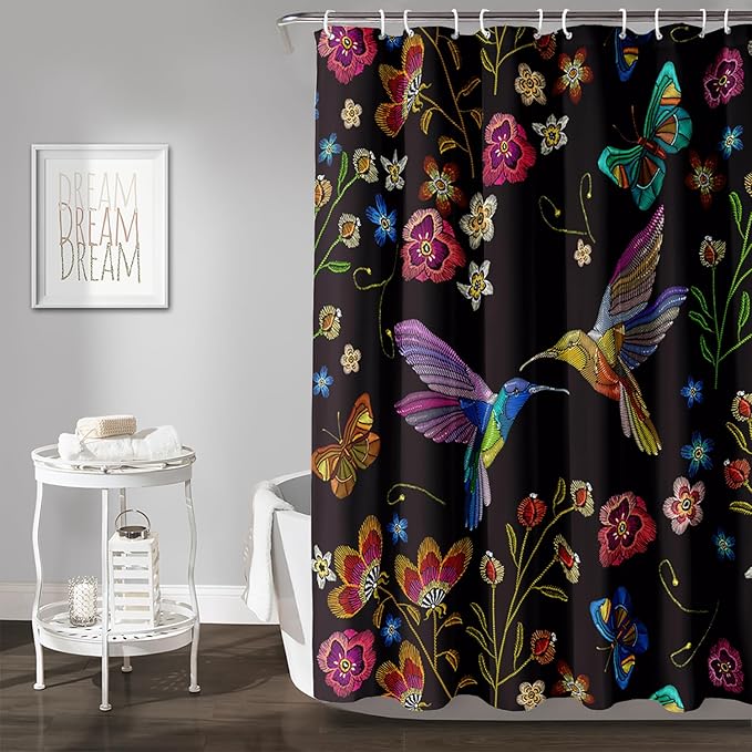AILONEN Retro Hummingbird Shower Curtain,Wild Floral Flower Bathroom Decor with 12 Plastic Hooks,Bird Butterfly Vintage Black Curtains,Modern Bedroom Decor Gifts for Girls Teen Adult 72" W*78" H