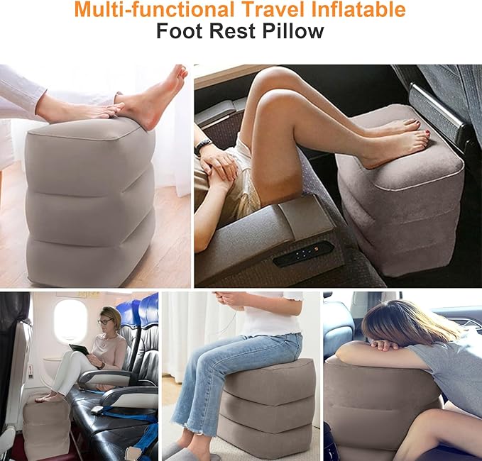 Inflatable Travel Foot Rest Pillow Adjustable 3 Layers Height Leg Rest Pillow Kids Airplane Travel Pillow with Inflatable Bag Airplane Bed for Toddler Car Seat Footrest for Airplane Home Office - Grey