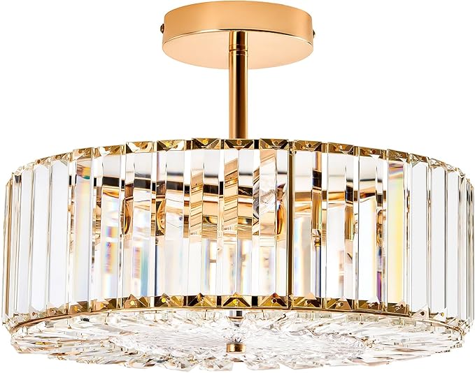 VONLUCE Crystal Light Fixture, Modern Semi Flush Mount Ceiling Light, 15" Round 4-Light Crystal Chandelier Hallway Lighting for Kitchen Bedroom Living Room Dining Room Entryway Closet, Gold