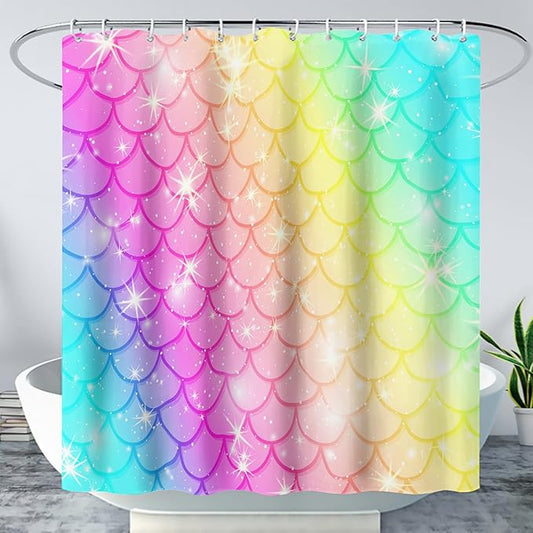 AILONEN Mermaid Scale Shower Curtain,Rainbow Mermaid Scale Bath Curtain Gifts for Girls,Polyester Waterproof for Bathroom with 12 Plastic Hooks 36" W*72" H