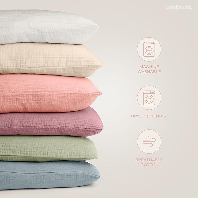 Comfy Cubs Toddler Pillow with Soft Muslin Pillowcase, 13"x18", Blush - Kids Pillow for Sleeping & Travel - Adorable & Comfortable Small Pillow - Kids Travel Pillow with Breathable Microfiber Fill