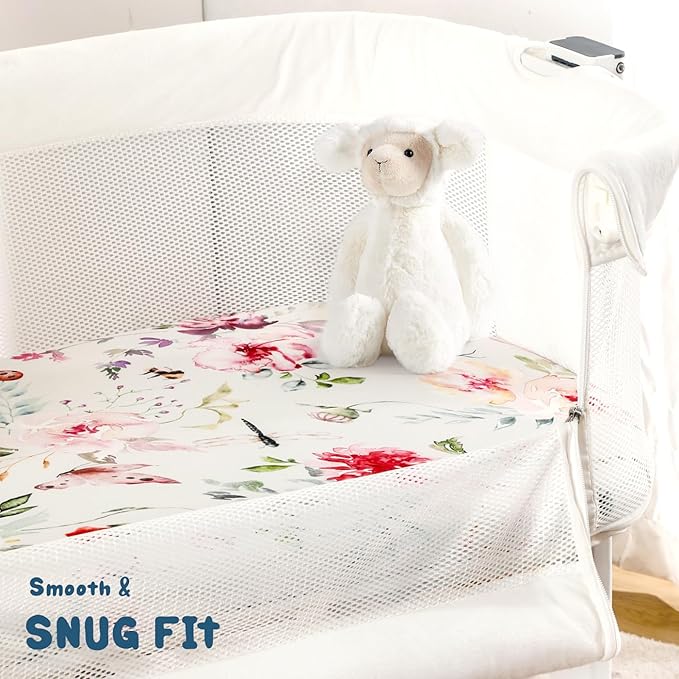 Stretch Ultra Soft Fitted Bassinet Sheet Set 3 Pack, Universal Fit for Bassinets Baby Cradle Moses Basket Oval Rectangle Mattress Safe and Snug, Beautiful Flowers and Insects Pattern for Baby Girls