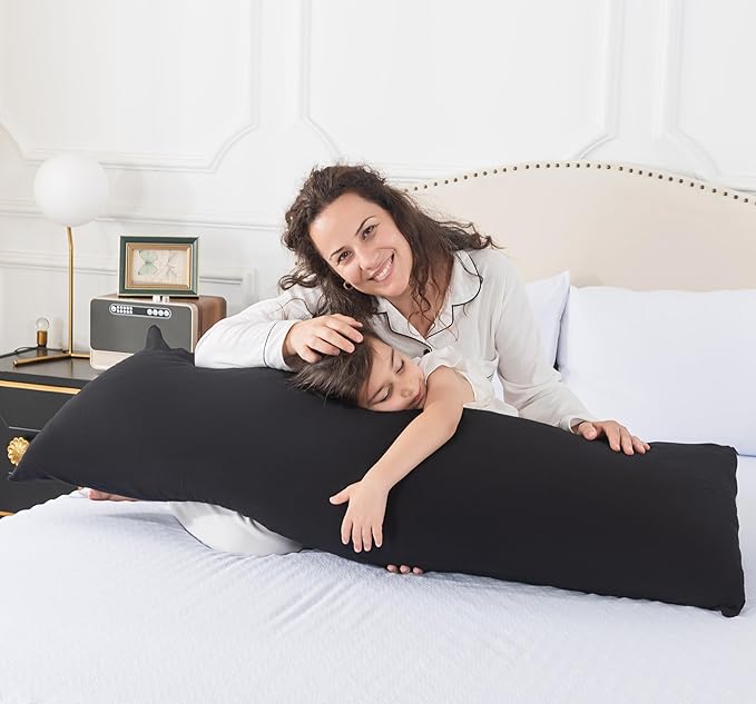 WhatsBedding Memory Foam Body Pillow for Adults, Long Body Pillow for Sleeping, Full Body Pillow for Bed (Removable Cotton Jersey Knitted Cover) - Black