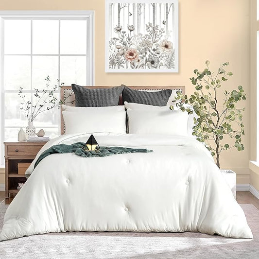 KASENTEX Super-Duper Ultra Soft Jersey Knit King Comforter Set Buttery Smooth Bed Bedding White Comforter, 3 Piece Solid Breathable - All Season King Size with 2 Pillow Case Shams, 102x90 inches