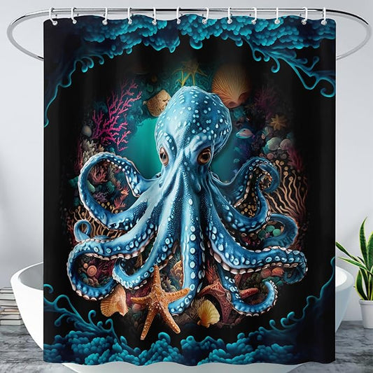 AILONEN Cartoon Blue Octopus Shower Curtain for Bathroom,Funny Octopus Bath Curtain for Kids,Boys,Girls,Ocean Animal Starfish Theme Waterproof Fabric Shower Curtain Set with Hooks,72" W*72" H