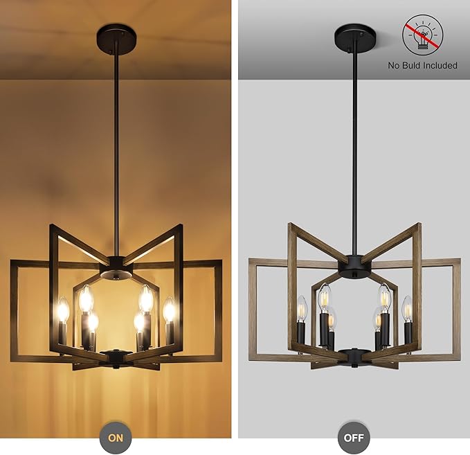 6-Light Modern Farmhouse Pendant Lights for Kitchen Island, Vintage Geometric Dining Room Lighting Hanging, Industrial Chandelier for Hallway Foyer, Retro Wood Texture and Black Finish