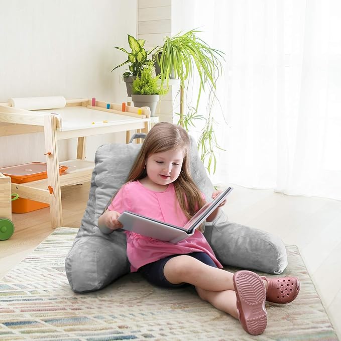 Nestl Reading Pillow for Kids, Small Bed Pillow, Back Pillow for Sitting in Bed, Memory Foam Chair Pillow, Reading & Bed Rest Pillows, Light Grey Back Pillow for Bed, Arm Pillow with Pockets