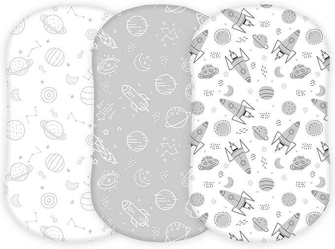 TansyPanda Bassinet Sheets for Halo Bassinest Swivel, Flex, Glide, Premiere and Luxe Series Sleeper, Pack of 3, 33 X 17 Inch, Ultra Soft and Snug Fit, Unisex Boys Girls, Gray White (Space Rockets)