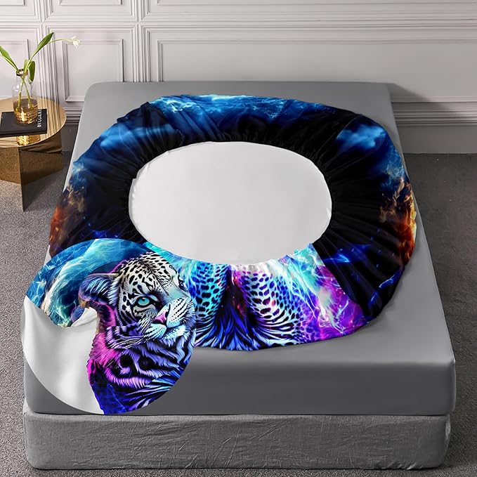 AILONEN Leopard Fitted Sheet Set Queen Size, Boys Blue Smoky 3 Pieces Printed Cheetah Bed Sheet Set,Wildlife Fitted Sheet with 2 Pillowcases