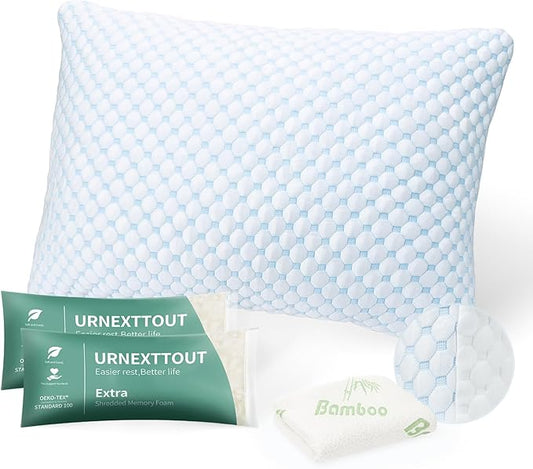 Shredded Memory Foam Pillows for Sleeping Side Sleeper Pillow Support Adjustable Bed Pillow Standard Pillow with 2 Extra Fill Blue