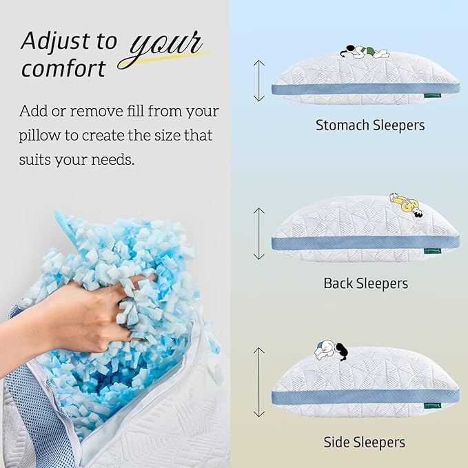 BETU Cooling King Pillow, Shredded Memory Foam Cool Pillow for Hot Sleepers, Adjustable Firm Soft Support Bed Pillows Perfect for Back Neck Pain and Side Sleeping with Pillow Case Cover, Blue