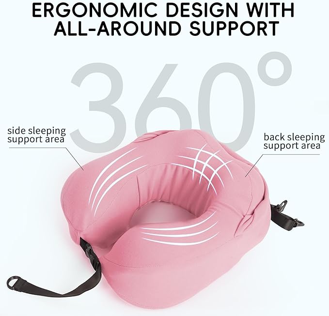 Travel Pillow with Hood for Airplane, 100% Pure Memory Foam Hooded Neck Pillow for Traveling, Car, Office, Soft, Machine Washable, Easy Storage, Pink