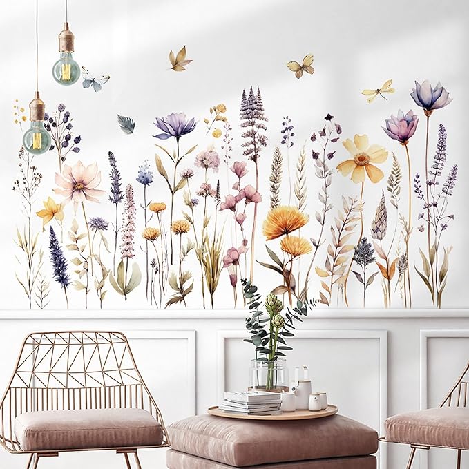 Garden Flower Wall Art Decals Pastel Flowers Wall Corner Stickers Floral Baseboard Skirting Line Corner Stickers for Girls Bedroom Living Room Kids Wall Decor