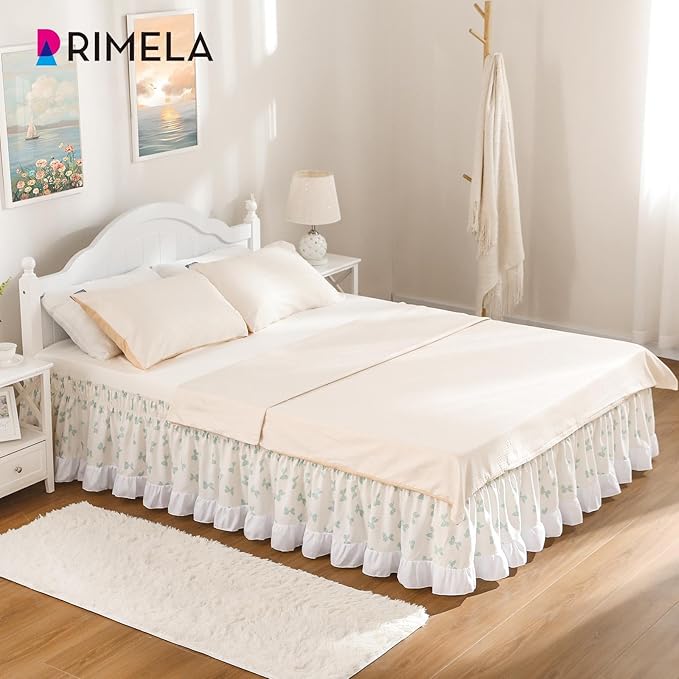 RIMELA White Elastic Bed Skirt King Szie 16 inch Drop, Cal King Bedskirt Easy to Put On, Solid Wrap Around Dust Ruffle, Fade Resistant Silky Fabric Machine Washable