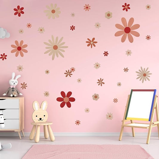 40pcs Daisy Wall Decals Boho Cute Vinyl Wall Decor Peel and Stick Floral Stickers for Girls Kids Nursery Bedroom Playroom Classroom Living Room Wall Art (4 Sheets, Classic)