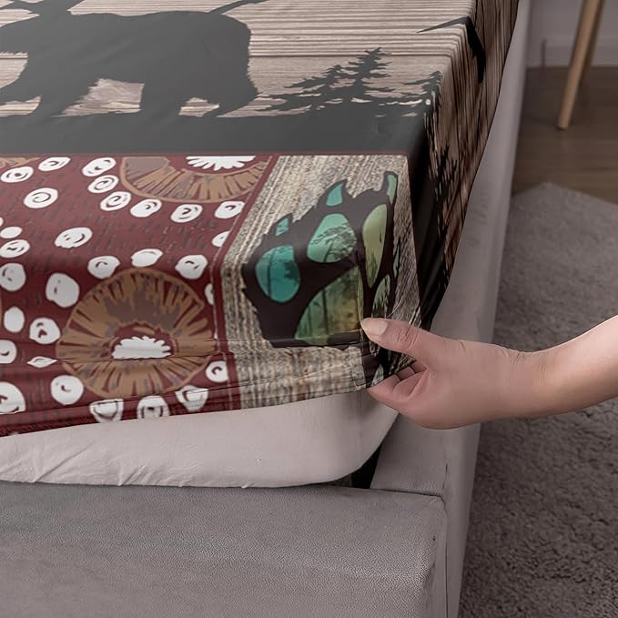 AILONEN Roaring Bear Fitted Sheet Set Full Size, Rustic Cabin Bed Sheet Set,Wildlife Bedding Grey Bear Plaid Sheet Set,3 Pieces Teen Men Boys Bed Sheet Set,1 Fitted Sheet with 2 Pillowcases