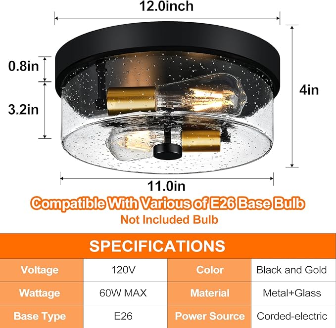 Flush Mount Ceiling Light Fixtures, 2-Light Black and Gold Ceiling Mount for Farmhouse with Seeded Glass Lampshade, Industrial Flush Mount Light Fixture for Hallway, Kitchen, Entryway and Foyer