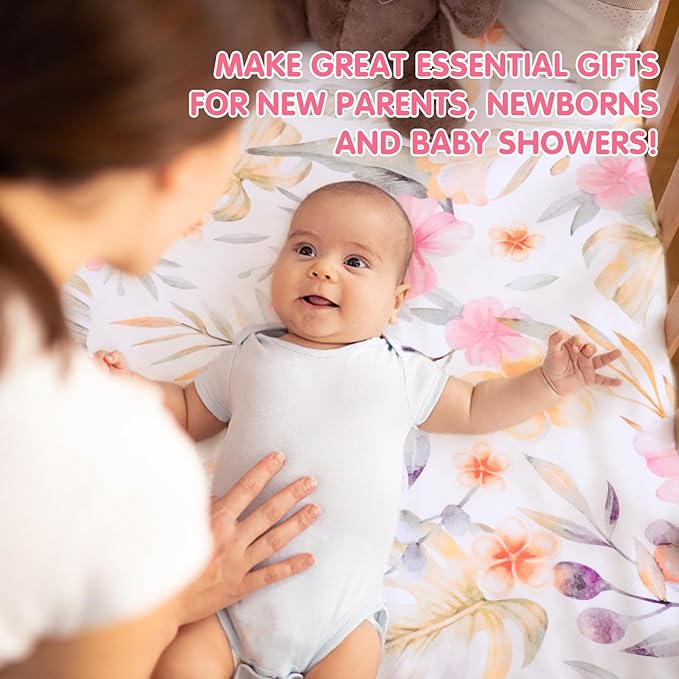 JISEN Fitted Crib Sheets 1 Piece Soft Breathable Baby Crib Sheets for Standard Crib and Toddler Mattress Baby Bed Sheets for Crib for Baby Boys Girls Neutral 28x52 Inch Flowers