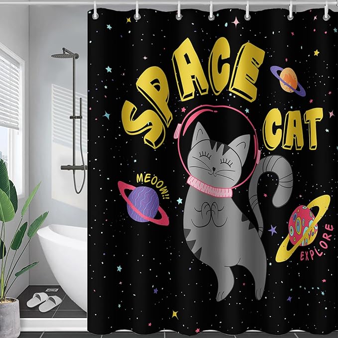 AILONEN Kawaii Cat Shower Curtains,Galaxy Aerospace Cat Bath Curtain for Bathroom,Outer Space Polyester Waterproof with 12 Plastic Hooks 48" W*72" H
