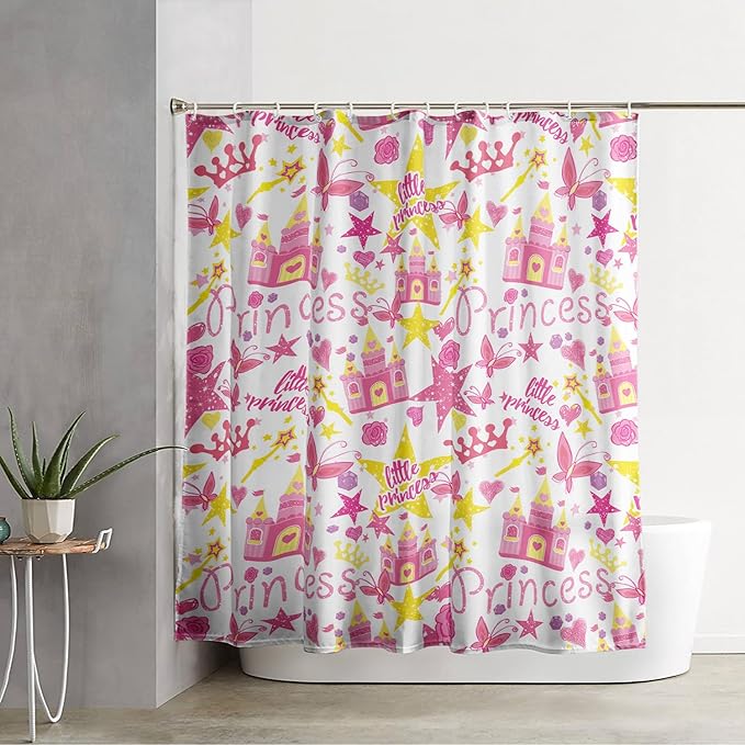 AILONEN Princess Castle Shower Curtain,Cartoon Butterfly and Rose Bathroom Shower Curtain for Girls Boys Kids Teens, 48" W*72" H Pink Glitter Star Theme Bathroom Decor