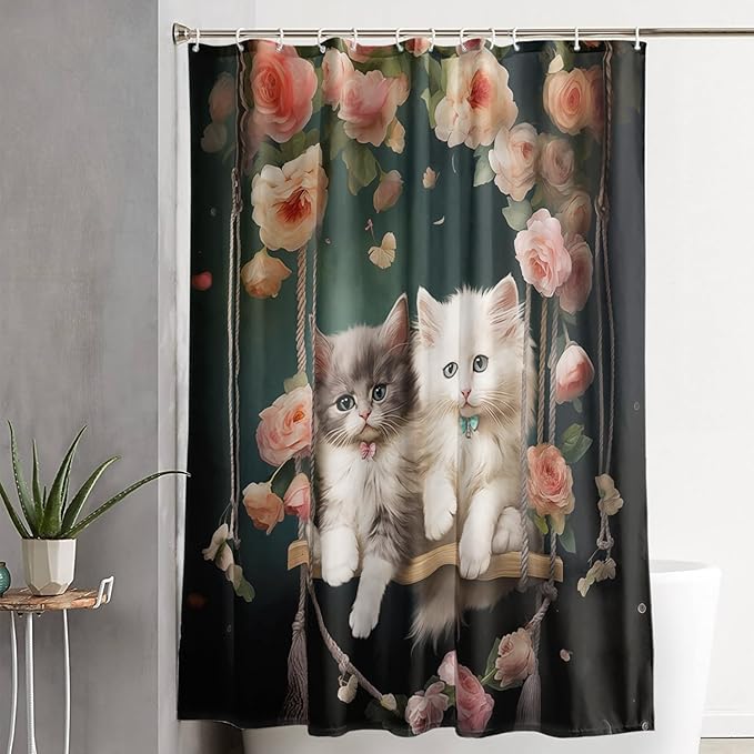 AILONEN Cartoon Beautiful Cat Shower Curtain, Kawaii Kittens with Flower Shower Curtain for Bathroom Decor,Cat Lovers Animal Waterproof Shower Curtains Sets with Hooks,72" W*78" H