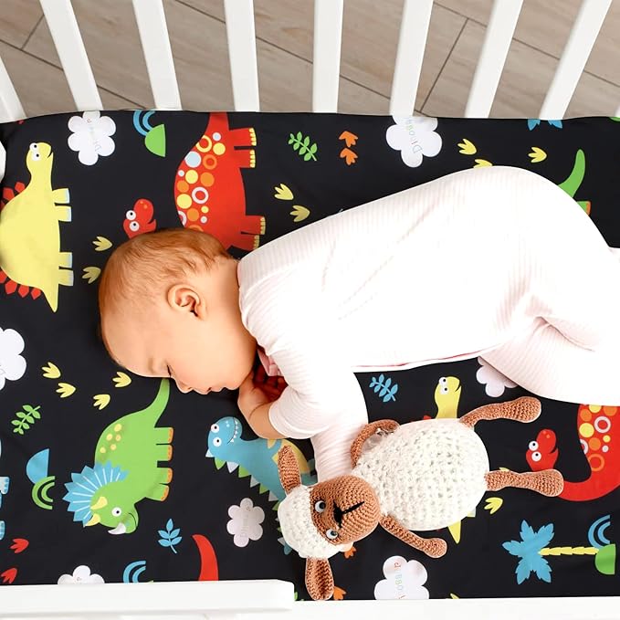 JISEN Baby Crib Sheets 2 Piece Portable Fitted Crib Sheet for Standard Crib and Toddler Mattresses Nursery Bed Decor for Boys Girls 28x52 Inch Grey/Black Dinosaurs