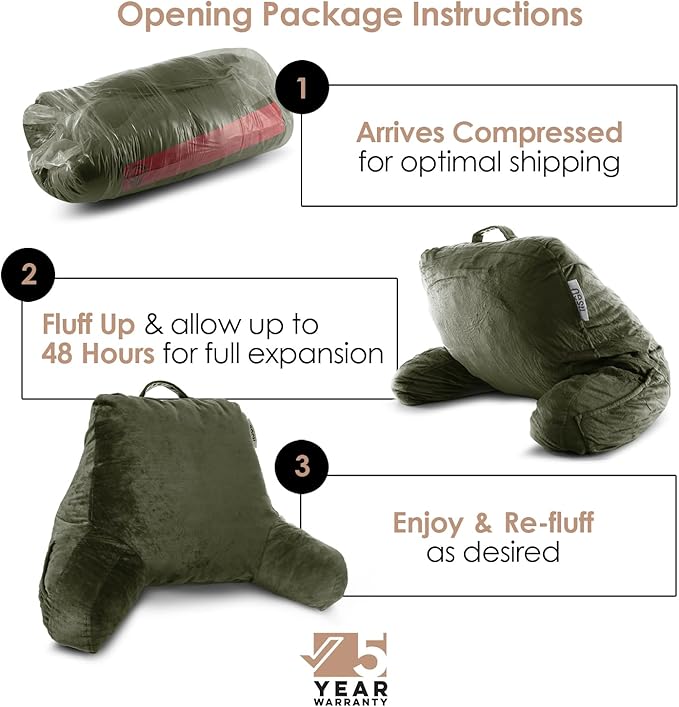 Nestl Reading Pillow Standard Bed Pillow, Back Pillow for Sitting in Bed Shredded Memory Foam Chair Pillow Reading & Bed Rest Pillows Olive Green Back Pillow for Bed, Bed Chair Arm Pillow with Pockets