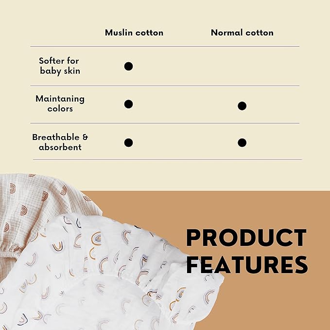 Chippi & Co Little Rainbow Tan Boho Muslin Cotton Fitted Crib Sheet for Baby Standard Size Mattress, boy and girl Unisex Nursery Bedding 52x28x9''