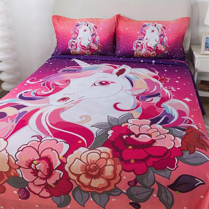 qjmiaofang Unicorn Sheets Queen Pink Unicorn Bedding Set 4Pieces Unicorn Bed Sheet Set with Rainbow and Flowers Bed Set Princess Unicorn Flat Sheet Set with 1 Flat Sheet 1 Fitted Sheet 2 Pillow Shams
